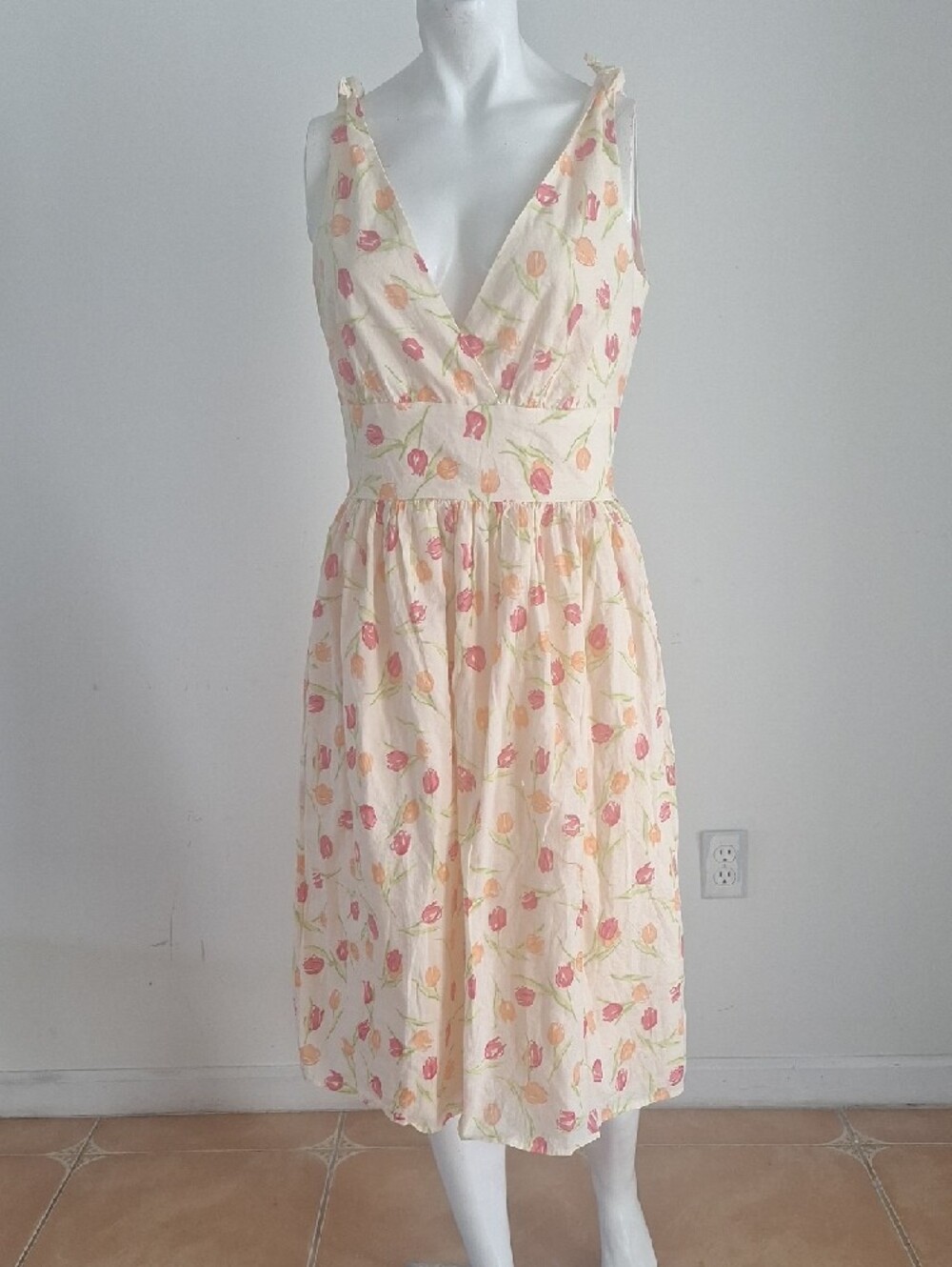 Willi Smith Light Peach Romatuc Midi Dress with Pink & Peach Floral Print Sz 8